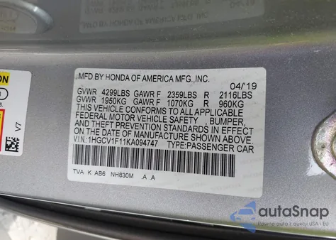 2019 Honda Accord Lx z USA, uszkodzony, nr VIN 1HGCV1F11KA094747